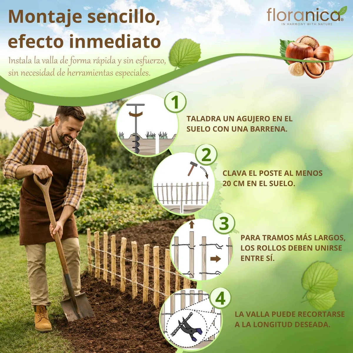 Floranica valla de avellano 1 metro lineal x 80 cm alto separación 4-6 cm cerca de estacas de jardín para delimitar áreas exteriores