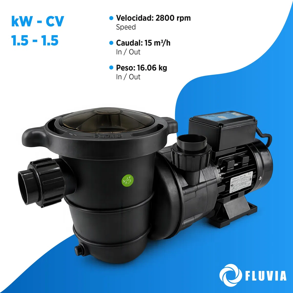 Bomba de Piscina Autoaspirante PQS Classic | Prefiltro Integrado | Bajo Ruido | Motor Monofásico 230V | Protección IPX5 | Fluvia (1,5 CV (15 m³/h))