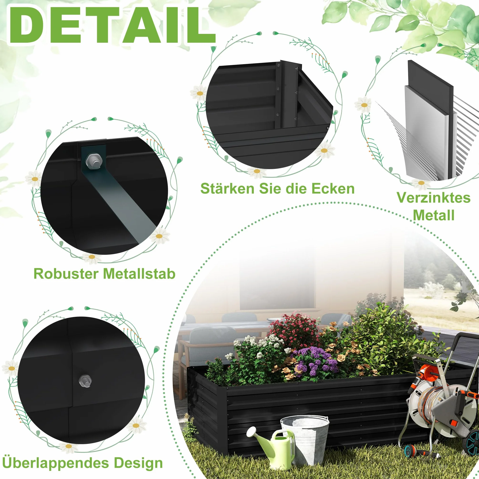 FIVMEN Jardinera de acero galvanizado, 120 x 60 x 58 cm, jardinera grande para exteriores, jardinera, jardinera, rectangular, para jardín, balcón, color negro