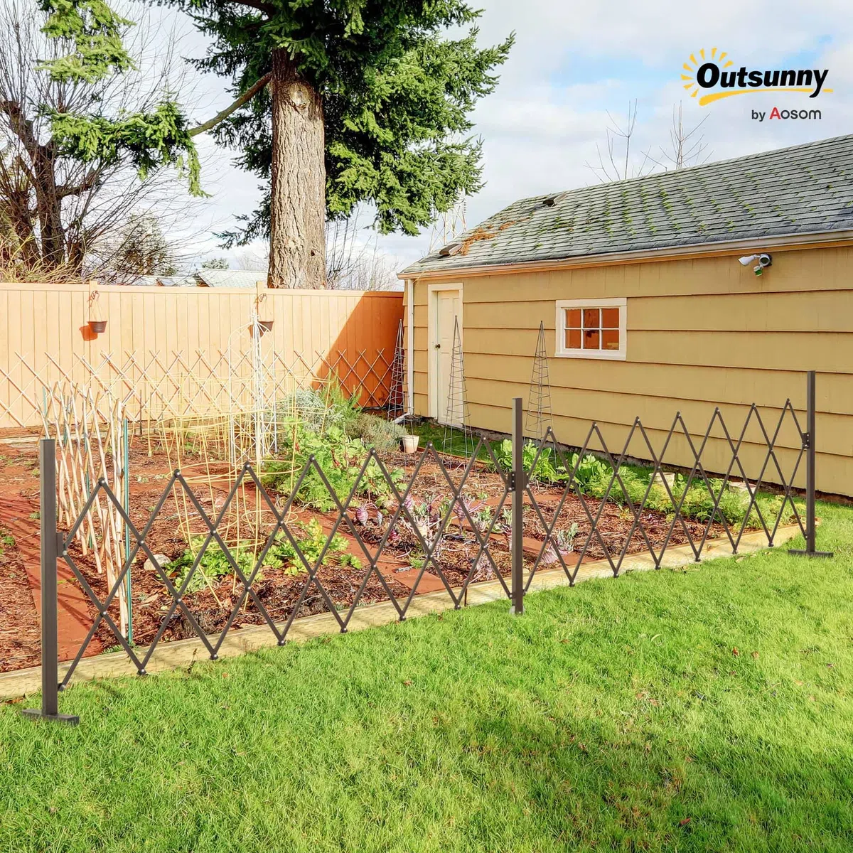 Outsunny Valla de Jardín Exterior de Aleación de Aluminio Valla Metálica Extensible con Rueda para Decoración Terraza Patio 405x31x103,5 cm Café Oscuro