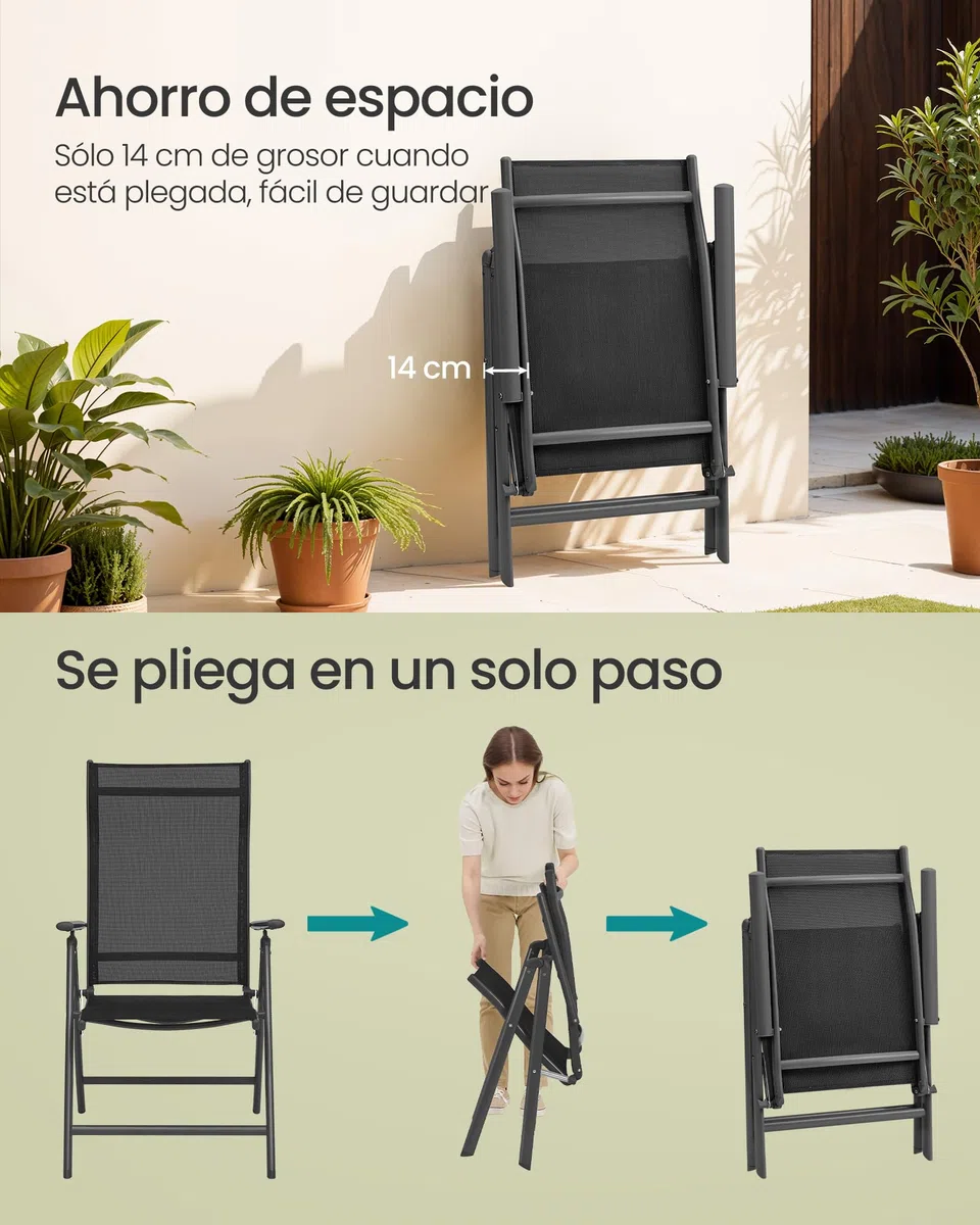 SONGMICS - Silla de jardín Plegable, Juego de 2, Asiento al Aire Libre, Marco de Metal, Respaldo Ajustable en 8 Posiciones, Capacidad de Carga 150 kg, Negro GCB29BK