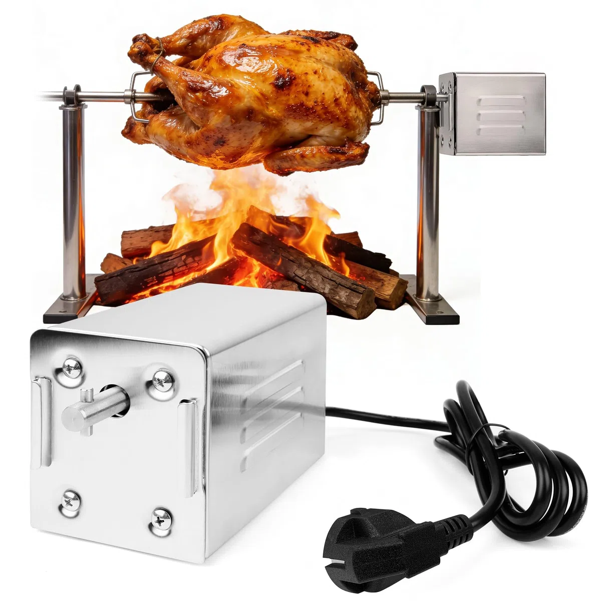 220V Motor de Asador de Pollos Giratorio, Motor para Parrilla Barbacoa Acero Inoxidable Portátil, Capacidad de 30 kg, Ideal para Barbacoas al Aire Libre, BBQ, Reuniones Familiares, Picnics y Camping