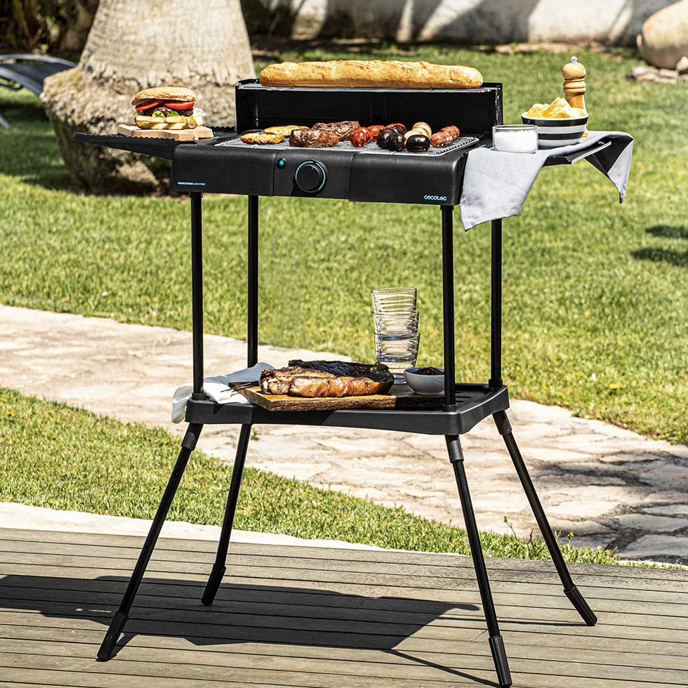 Cecotec Barbacoa eléctrica PerfectSteak 4250 Stand con 2400 W, Parrilla de Acero Inoxidable, Soportes con Gran Superficie, 3 Niveles de Altura y Panel Cortavientos, Acero Inoxidable, PerfectSteak