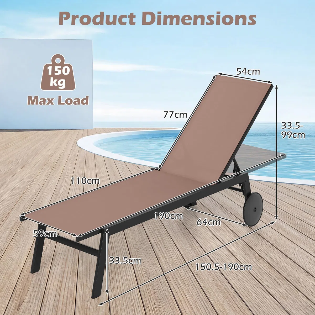 GIANTEX Juego de 1/2 Tumbonas de Jardín con Ruedas, Silla Reclinable de Metal con Respaldo Ajustable en 6 Posiciones, Tejido Transpirable, Tumbona para Piscina, Playa, Balcón (1, Marrón)