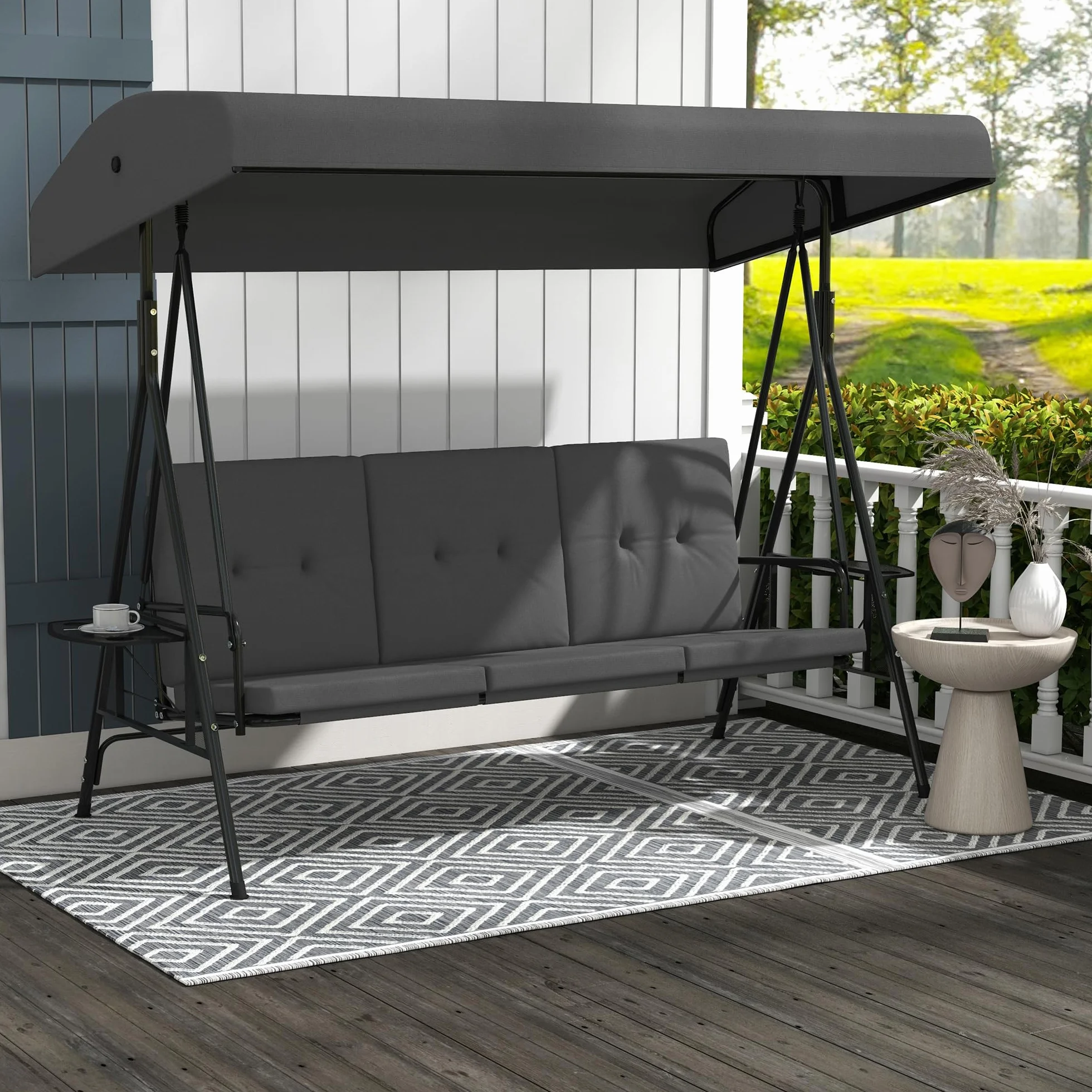 Columpio de jardín Outsunny 3 plazas Techo Alto Confort Regulable, 2 estantes Laterales, Cojines, Acero poliéster Gris Oscuro