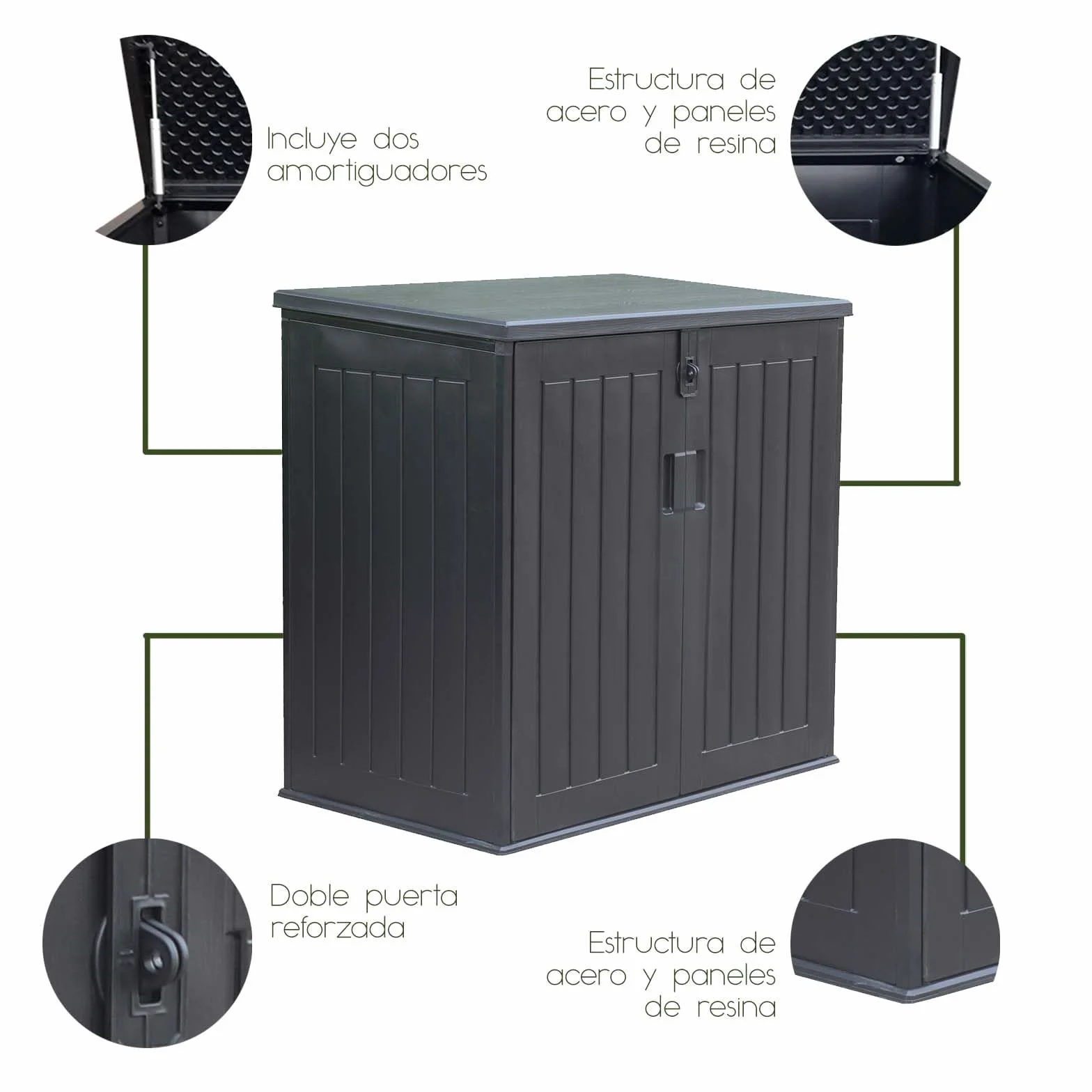 Gardiun Arcón Exterior para Jardín Soften 775 litros 116x71x109/112,5 cm Baúl de Resina con Amortiguador, Suelo y Puertas
