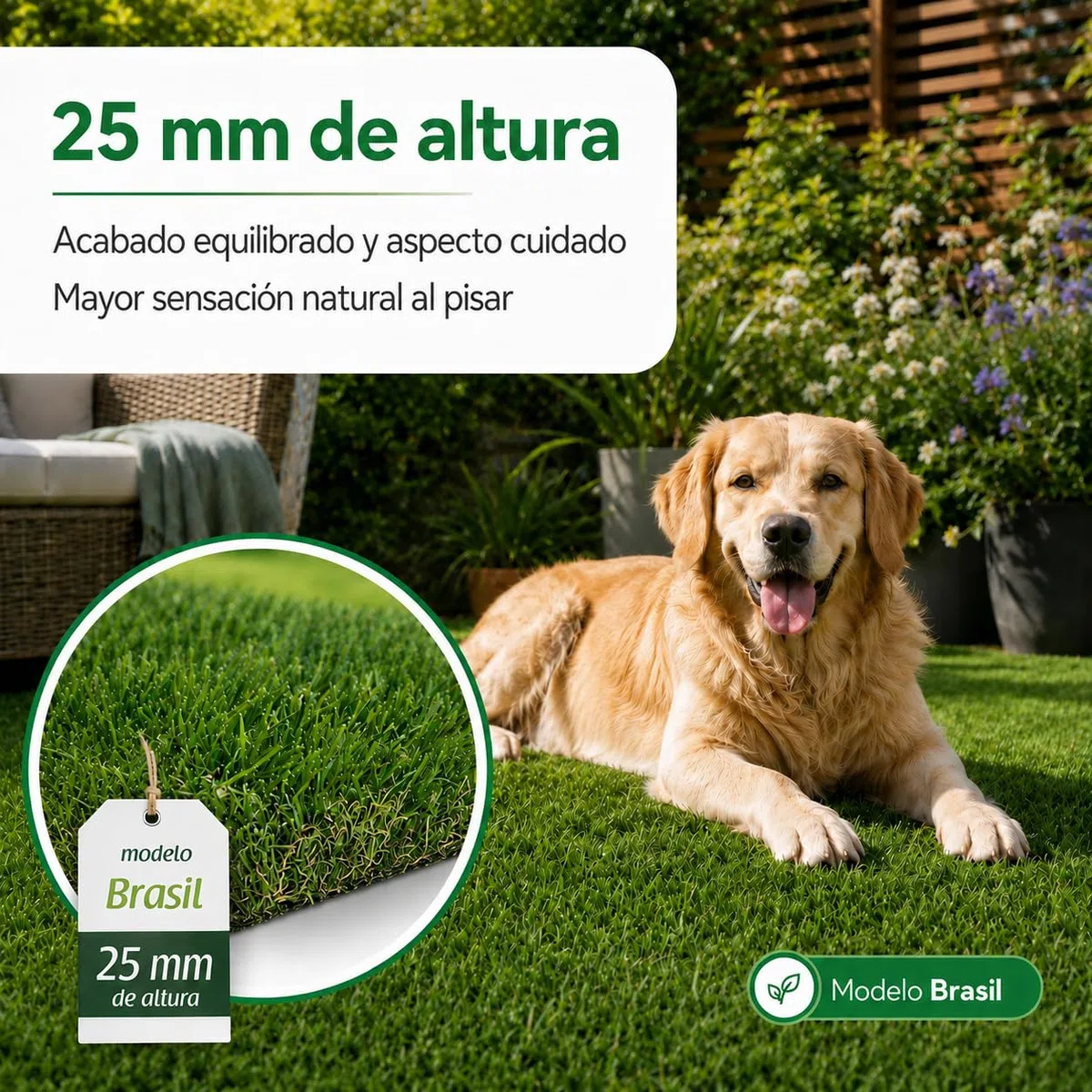 Césped Artificial Premium 25mm, Rollo de 2x10 Metros, Modelo Brasil, 13.650 Puntadas, 5.900Dtex. Máximo Realismo, Alta Densidad, Ideal para Exteriores, Piscinas, Terrazas y Jardín