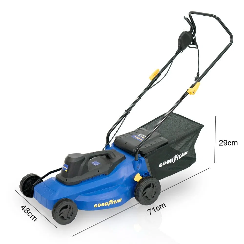 Goodyear - Cortacésped Eléctrico Rotativo 1800W, Ancho de Corte 40cm, Motor 3200 RPM, Segadora Eléctrica para Jardín hasta 300m², Altura Regulable y Bolsa de Recogida 35L, Ligero y Compacto