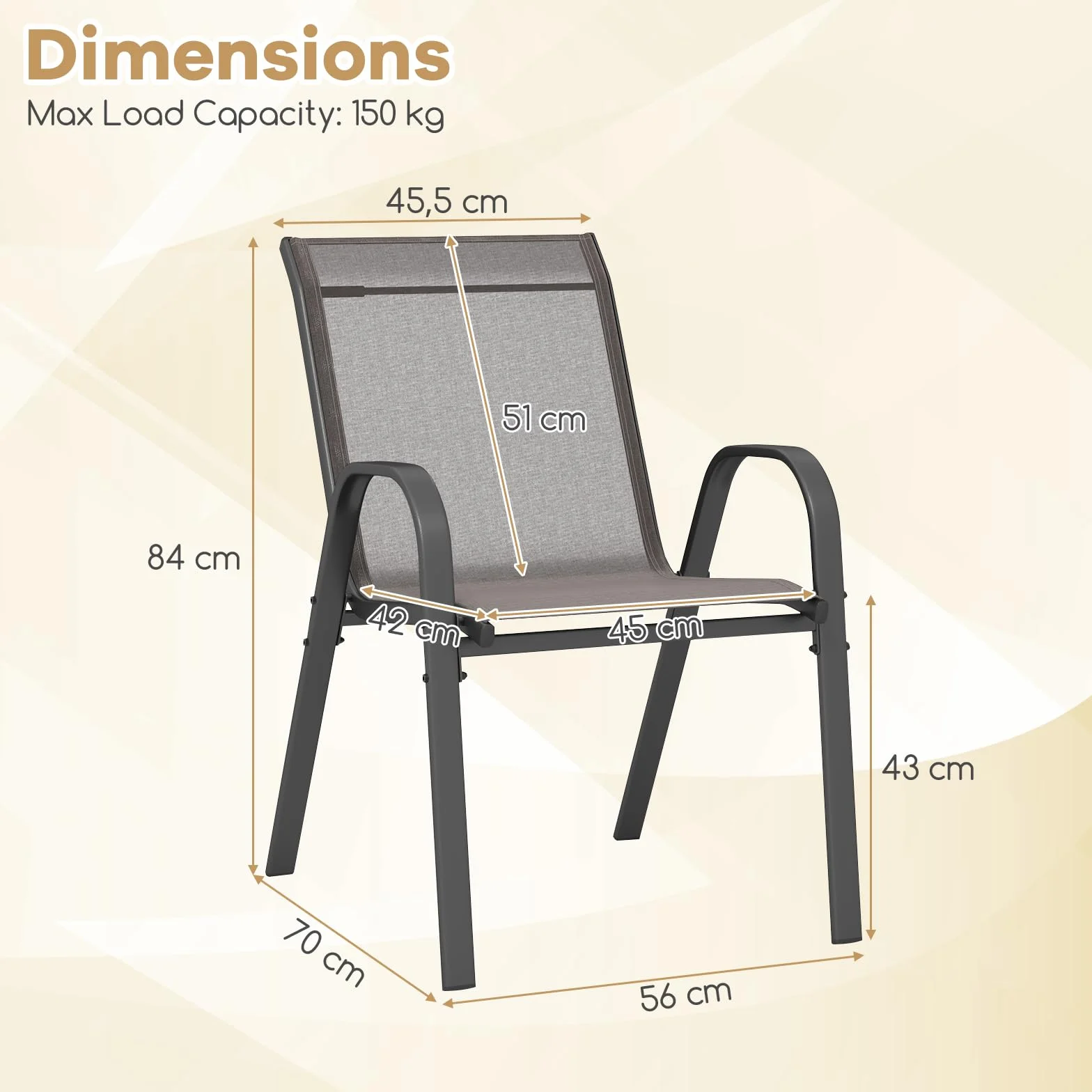 KOMFOTTEU Juego de 2/4 Sillas de Jardín, Silla Apilable Terreza Exterior de Tela con Marco de Metal, Sillón de Comedor con Reposabrazos y Respaldo Alto, Carga 150kg, 56 x 70 x 84 cm (2, Gris)