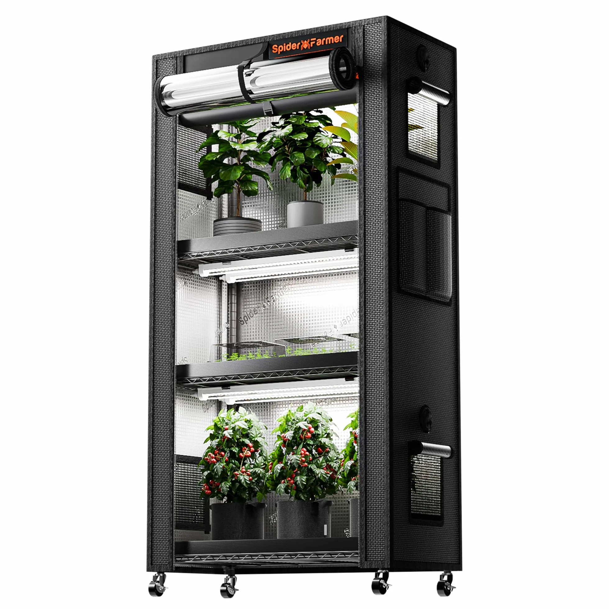 Spider Farmer Soporte para plantas 2025 con luces de cultivo, estante para plantas de 4 niveles con 6 lámparas LED de espectro completo de 2 pies y tienda de cultivo, para invernadero de crecimiento