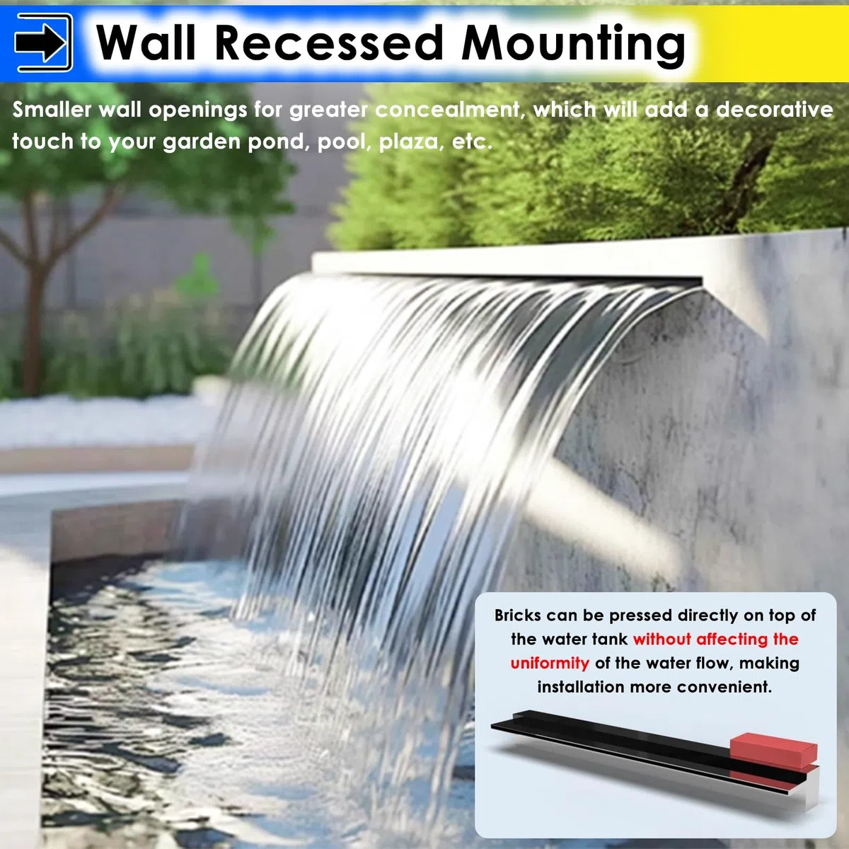 Derrame de cascada de acero inoxidable para piscina, diseño delgado empotrado para una fácil instalación, mejora las características del agua del jardín y el patio trasero