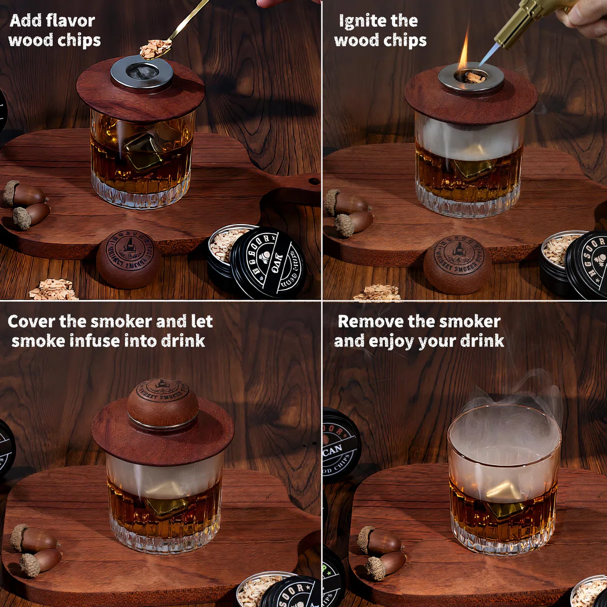 Kit de ahumador de whisky, kit de ahumador de bebidas antiguas, kit de ahumador de cóctel con linterna, 4 sabores de chips de madera y piedras de whisky, kit de ahumador de bourbon, regalos de