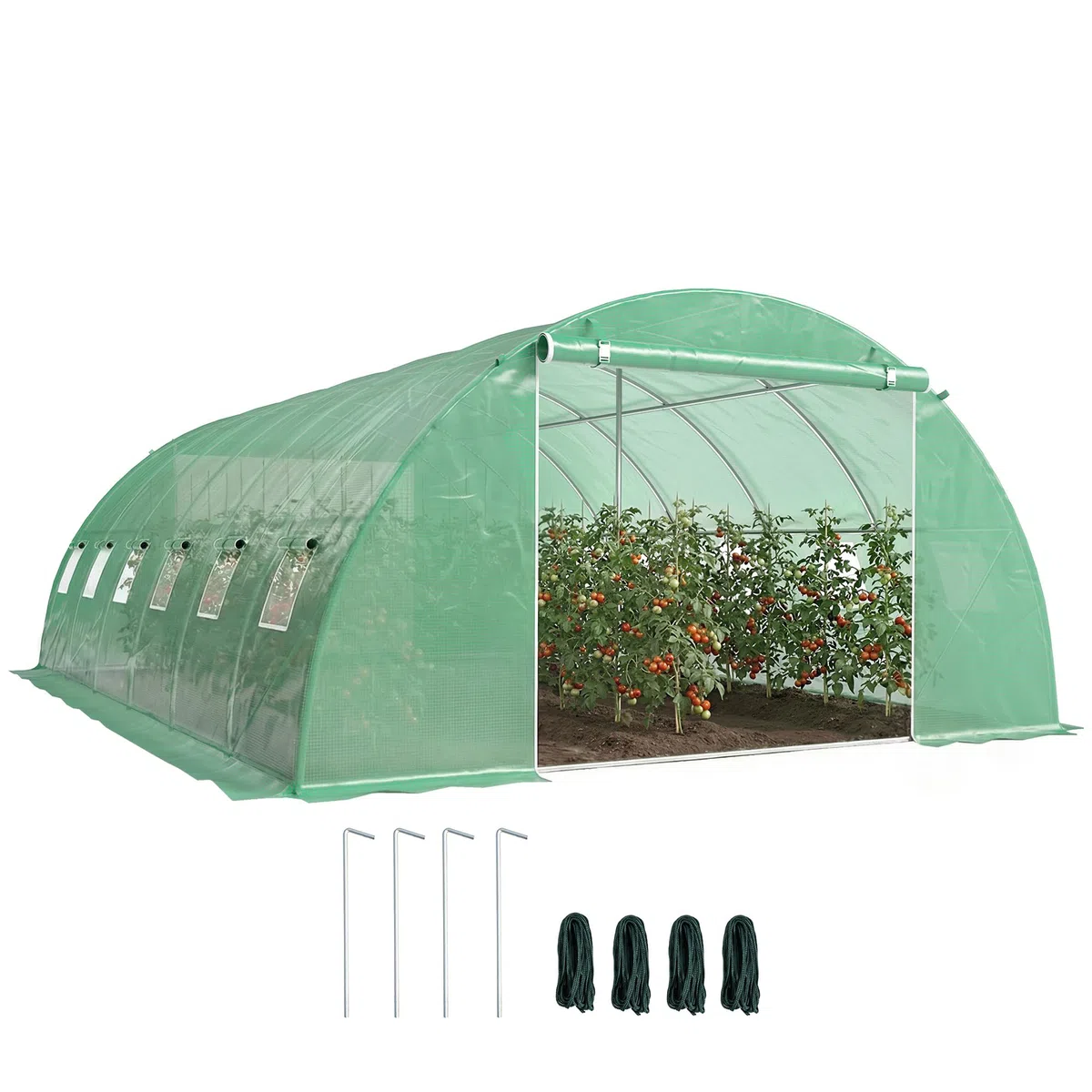 Outsunny Invernadero de Exterior 6x4x2 m, Invernadero de Túnel con 2 Varillas de Soporte, Puertas Enrollables, Ventanas de Malla, Cubierta PE y Marco de Acero Galvanizado, Anti-UV, Impermeable, Verde