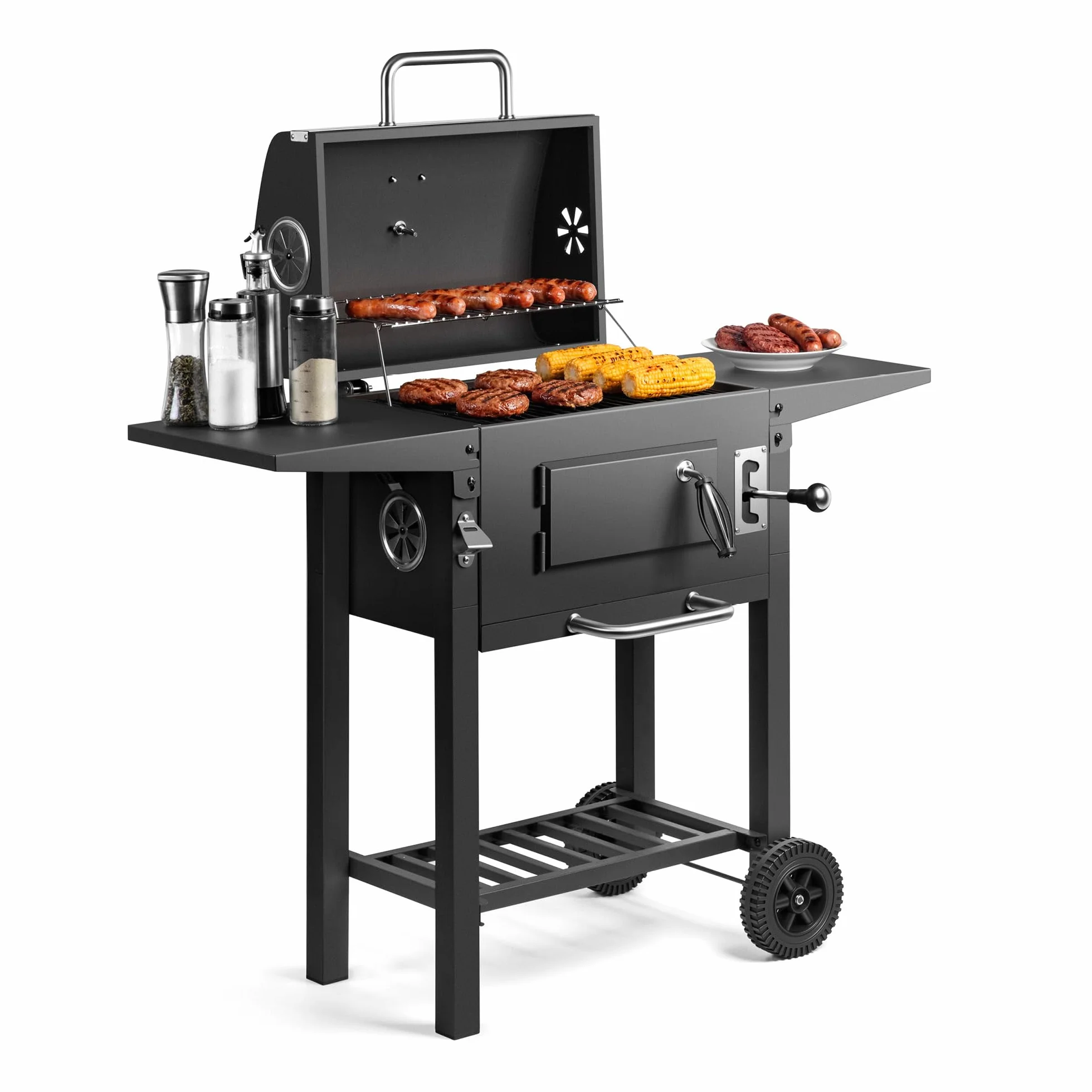 VonHaus Barbacoa de Carbón – Barbacoa con Rejilla Calentadora, Altura Ajustable, Termómetro – Portátil, Recogecenizas, Estante, 2 Mesas Laterales Plegables, Ruedas – Carne, Pescado y Verduras