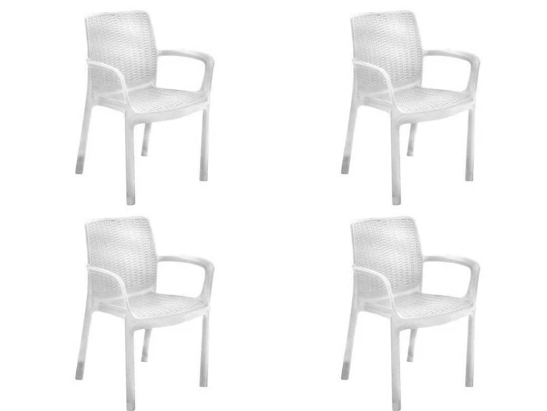 Keter Bali - Pack x4 Silla jardín para Interior y Exterior con reposabrazos Ideal para Jardines y terrazas, apilable, Resina con Acabado de ratán Plano, Color Blanco