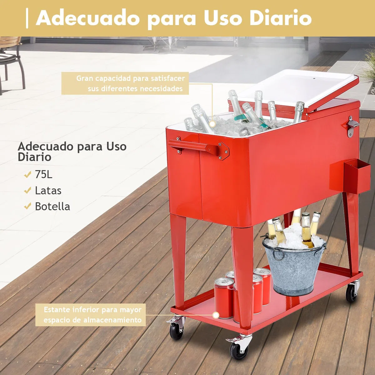 GYMAX Carro Refrigerador de 76 litros, Enfriador de Bebidas con 4 Ruedas Universales, Estante y Abrebotellas, Nevera con Doble Tapa, Caja Térmica, Enfriador de Bebidas para Jardín, Terraza