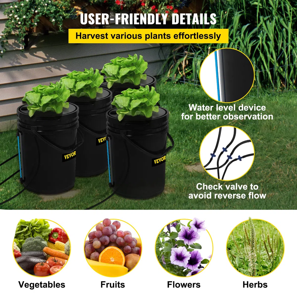 VEVOR DWC Sistema de Cultivo Hidropónico Kit de Cultivo de Agua Profunda de 20 L 4 Cubos con Bomba de Aire Piedras de Aire Dispositivo de Nivel de Agua Sistema Hidropónico DWC para Vegetales de Hoja