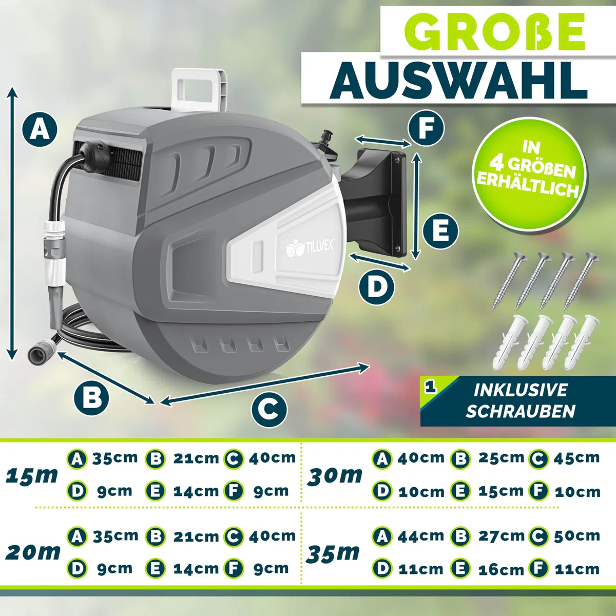 tillvex Carrete para Manguera de agua 20+2m con soporte de pared | Enrollador de manguera con pistola manual y manguera de jardín | Caja de manguera para pared con enrollado automático
