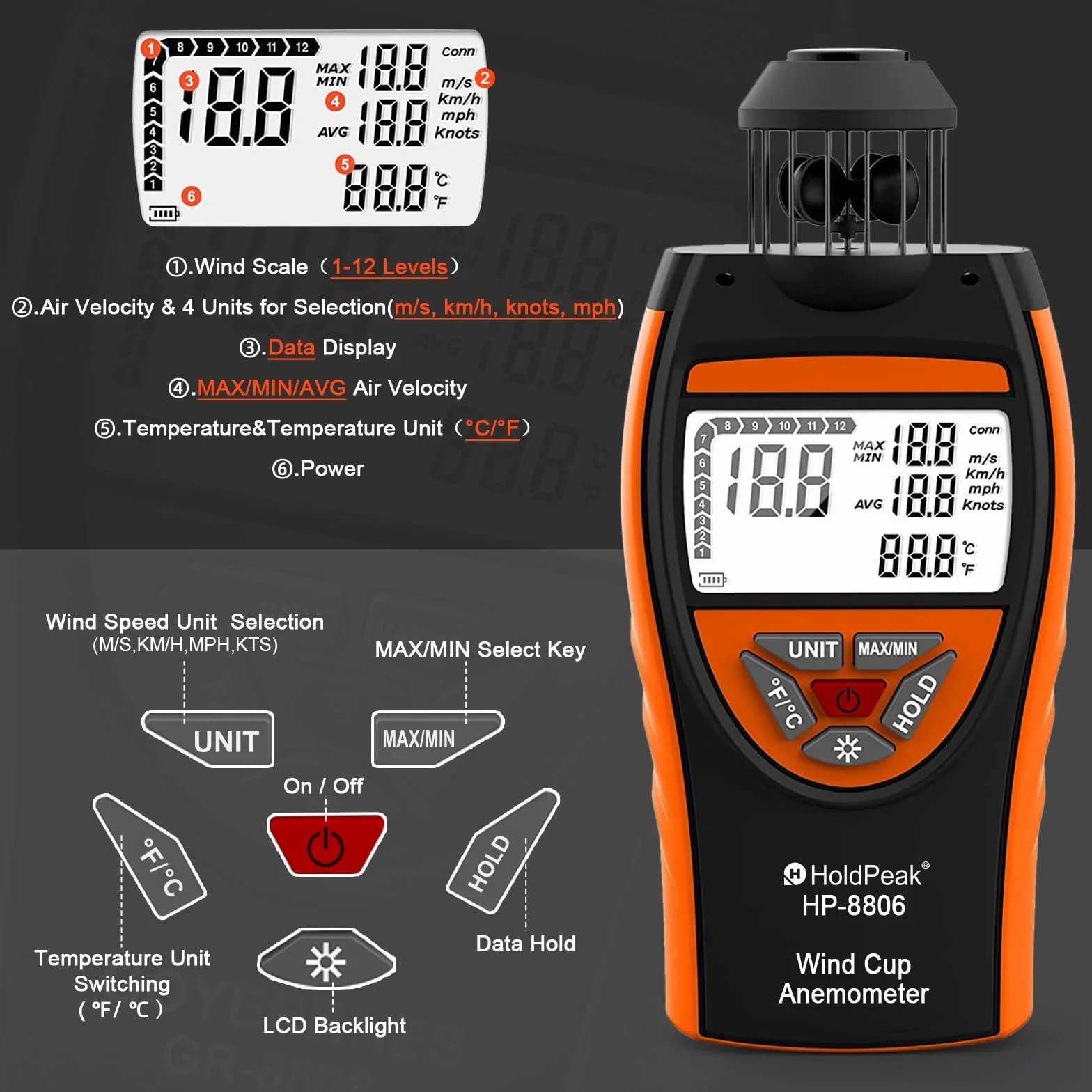 Anemómetro Digital de Mano, HoldPeak 8806 4 Wind Cup Anemómetro para Exterior, Velocidad del Viento de 0,7 a 42 m/s y temperatura (℃/℉) con Brújula, Anemometro Portatil para Tiro, Pesca, Kitesurf