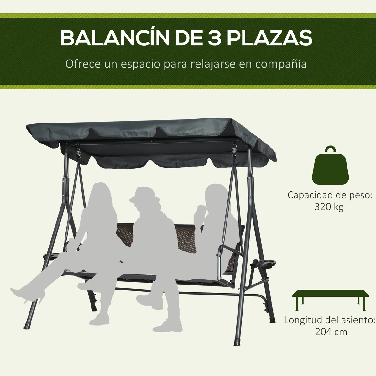 Outsunny Columpio de Jardín de 3 Plazas Banco Balancín para Exterior con Toldo Ajustable Asiento de Ratán 2 Portavasos 2 Bandejas y Marco de Acero Carga 320 kg para Terraza Patio 204x112x150 cm Gris