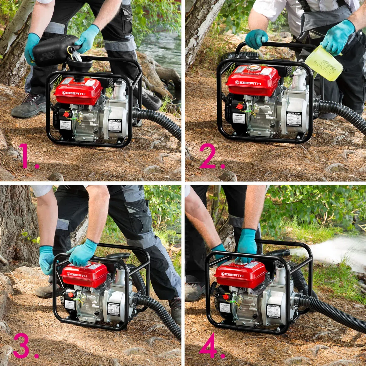 EBERTH Motobomba de agua a gasolina, motor de 4T y 6,5CV, caudal de 60.000l/h, conexión de 3 pulgadas, altura de aspiración de 7m y de impulsión de 30m, arranque por cable y con base metálica