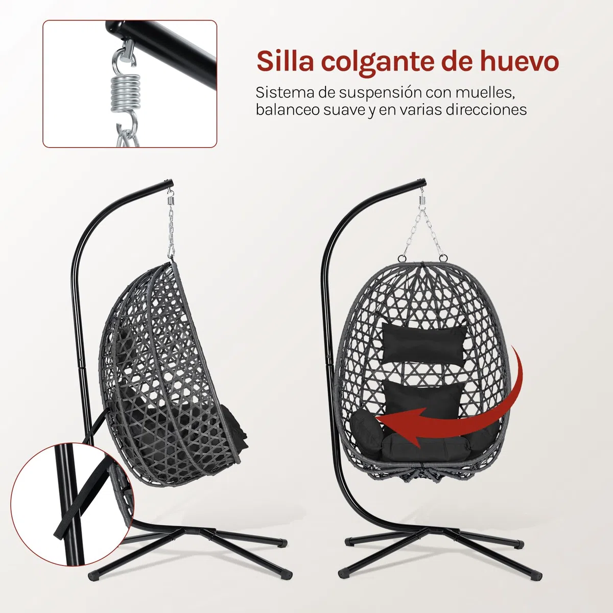 WOLTU Silla Colgante, Hamaca Columpio con Cojín y Reposacabezas, Aspecto Ratán PE y Estructura de Metal, Carga 150 kg, para Jardín, Patio y Terraza, 102x100x196 cm, Negro