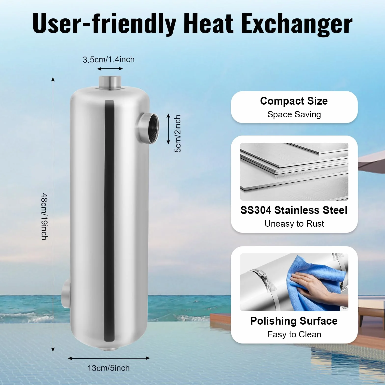 Intercambiador de calor de alto rendimiento, 60 kW, acero inoxidable 304, intercambiador de calor para piscinas, 250 L/min, con diseño de fuelle, compacto de 48 cm de longitud, funcionamiento