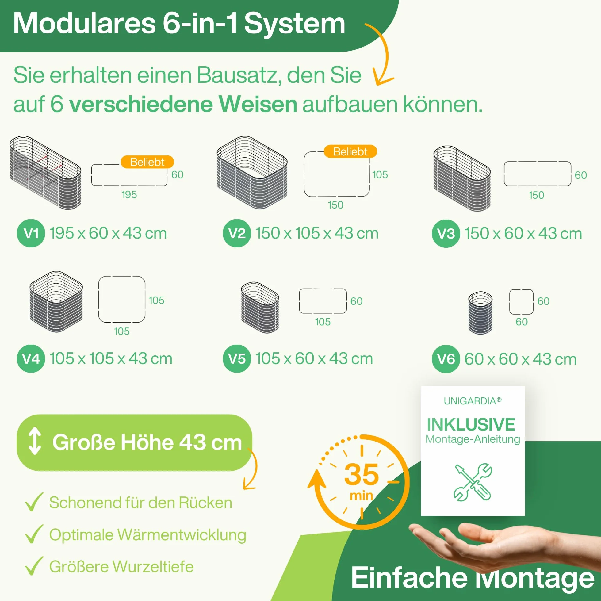 UNIGARDIA Bancal de Metal 195 x 60 x 43 cm – Kit Modular 6 en 1 – bancal Elevado Inoxidable para jardín de Acero Zn-Al-MG Vida útil mínima de 20 años – 43 cm de Alto, huerto Verde