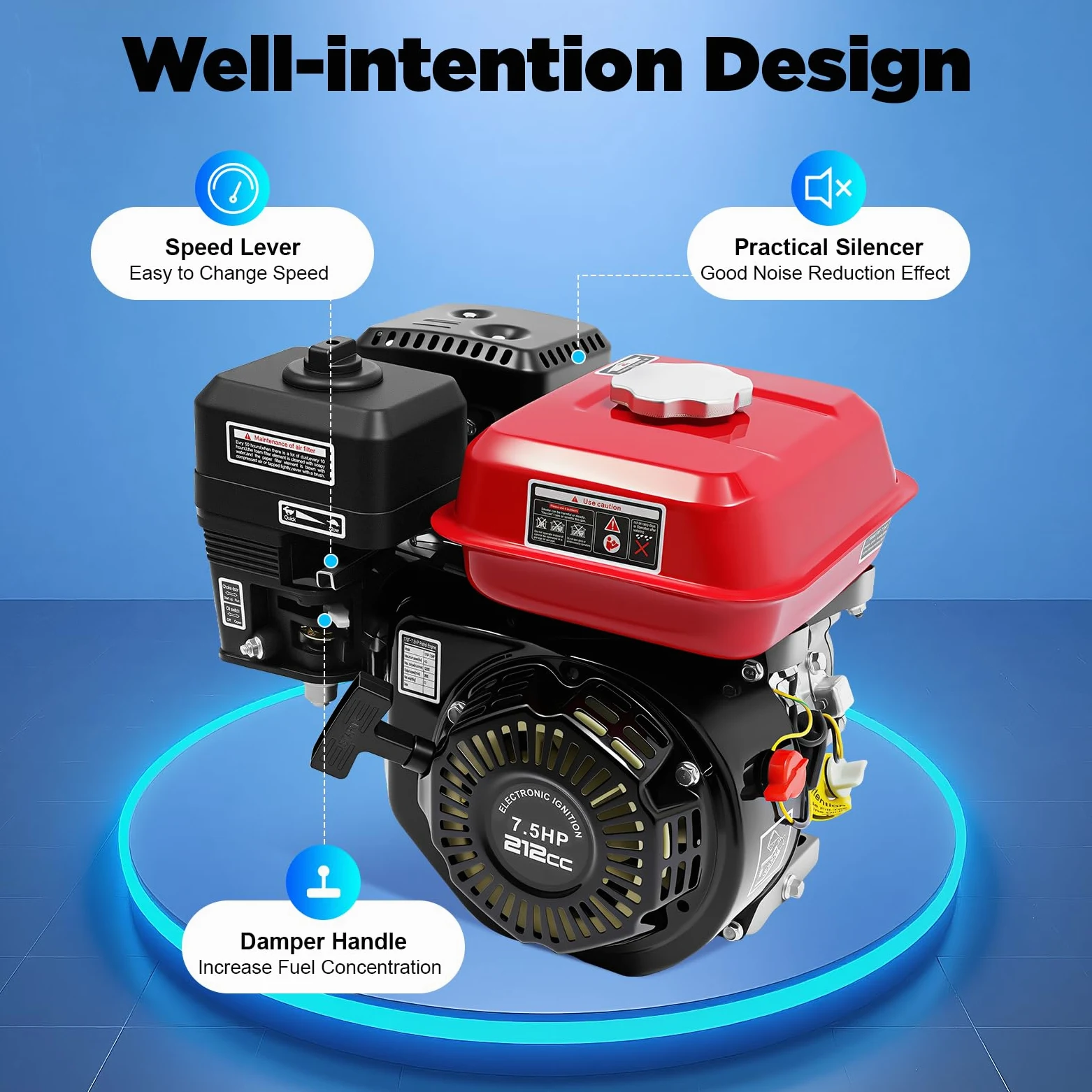 Motor de cuatro tiempos, 4000W, 7.5HP, 3600rpm motor gasolina, motor industrial de 4 tiempos, motor de 1 cilindro con eje de 20 mm de diámetro, alarma de aceite, OHV, eje horizontal