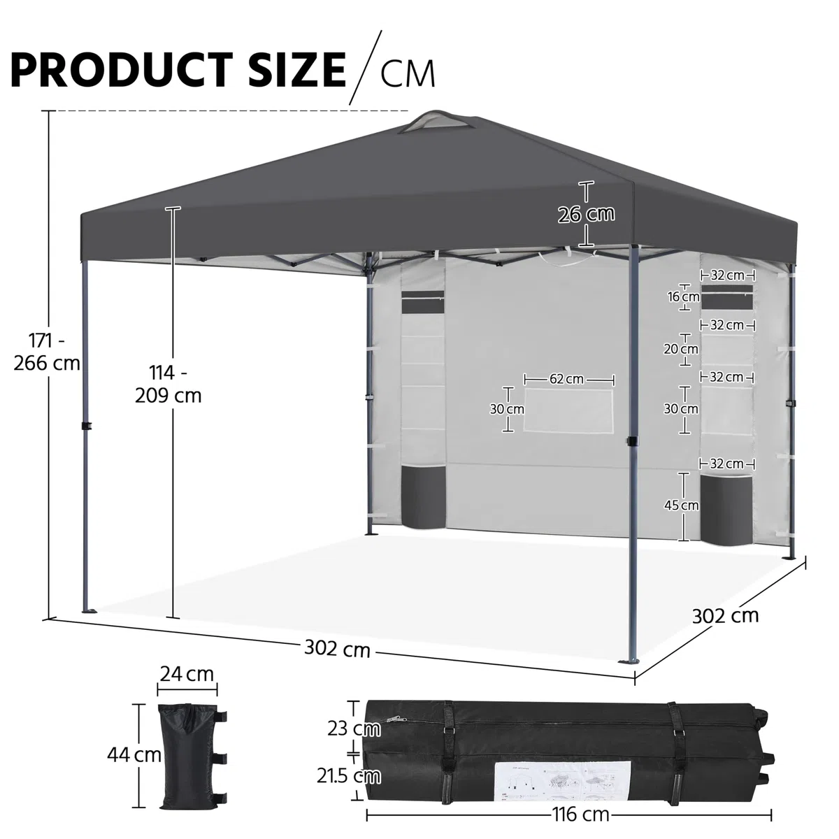 Yaheetech 3x3M Carpa Pop-Up con Botón Central con Pared Lateral de 9 Bolsillos de Almacenamiento, 1 Bolsa con Ruedas y 4 Sacos de Arena para Playa, Patio, Camping y Jardín, Gris Oscuro