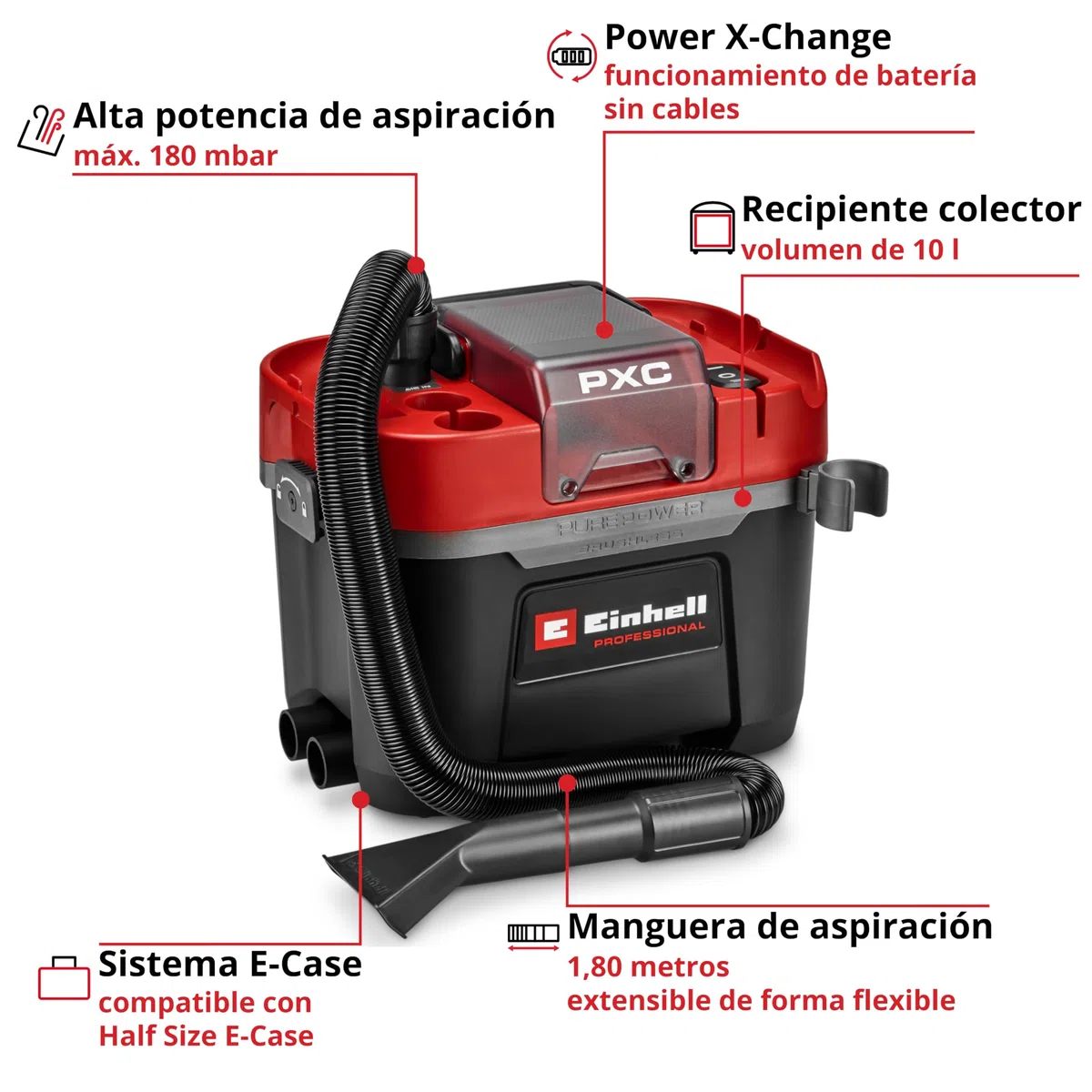 Einhell Professional Aspirador en seco y húmedo con batería TP-VC 18 Li BL L-Solo Power X-Change (18 V, brushless, Recipiente 10 l, 2 Niveles, Filtro Plisado, boquillas de aspiración, sin batería)