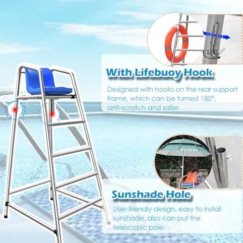 Silla salvavidas para parque acuático, escalera de seguridad de lujo con gancho y agujero para parasol, acero inoxidable 304 para salvar vidas
