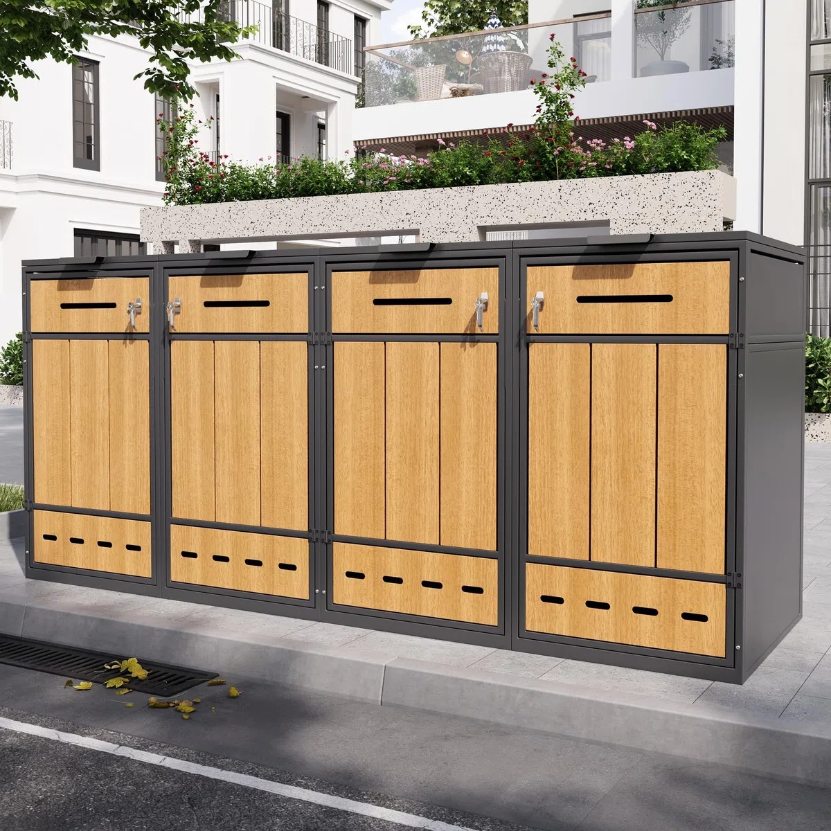 Caja para contenedores de basura, puede contener dos contenedores de basura (120-240 litros), con orificios de ventilación, compartimentos de almacenamiento de basura, con cerradura, dos puertas (1)