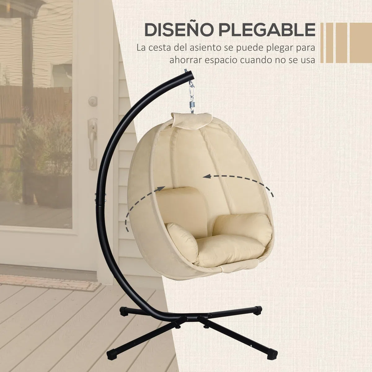 Outsunny Silla Colgante Huevo con Soporte Columpio Jardín Exterior con Cesta Plegable y Cojín Columpio Colgante para Interior y Exterior Carga 120 kg Caqui