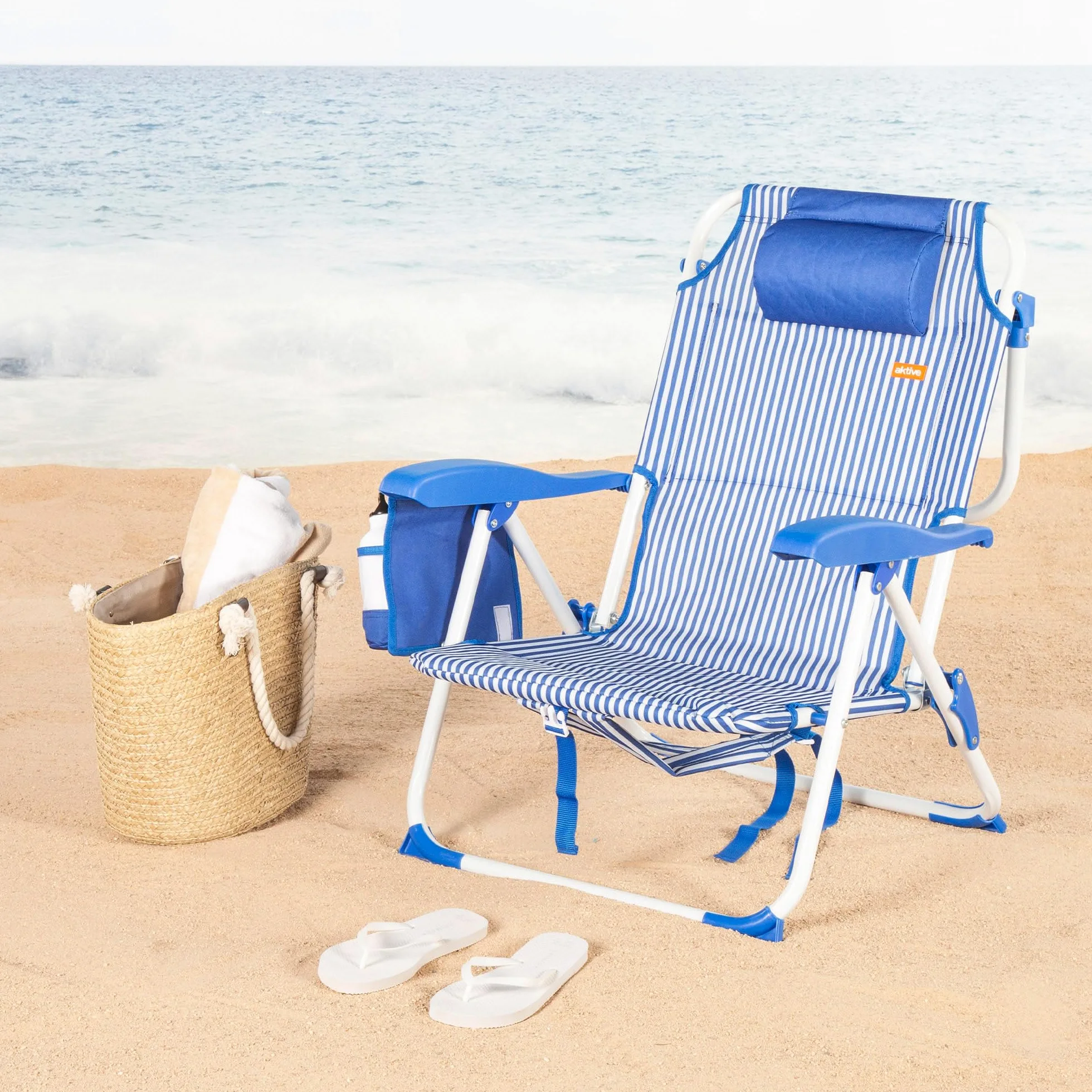 AKTIVE Silla de Playa Plegable, Azul Rayas, 48x58x76 cm, 4 Posiciones, Antivuelco, Aluminio y poliéster, Peso soportado 110 kg, Bolsillo Lateral y Trasero, Cojín, Transporte Mochila (62531)
