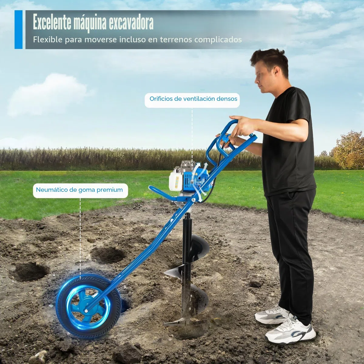 Broca de tierra de gasolina de 2 tiempos, 63 CC, 2,2 kW, con ruedas, 300 mm, broca de jardín, tipo empuje manual, taladro de gasolina, postes de valla, incluye depósito de 1,3 L