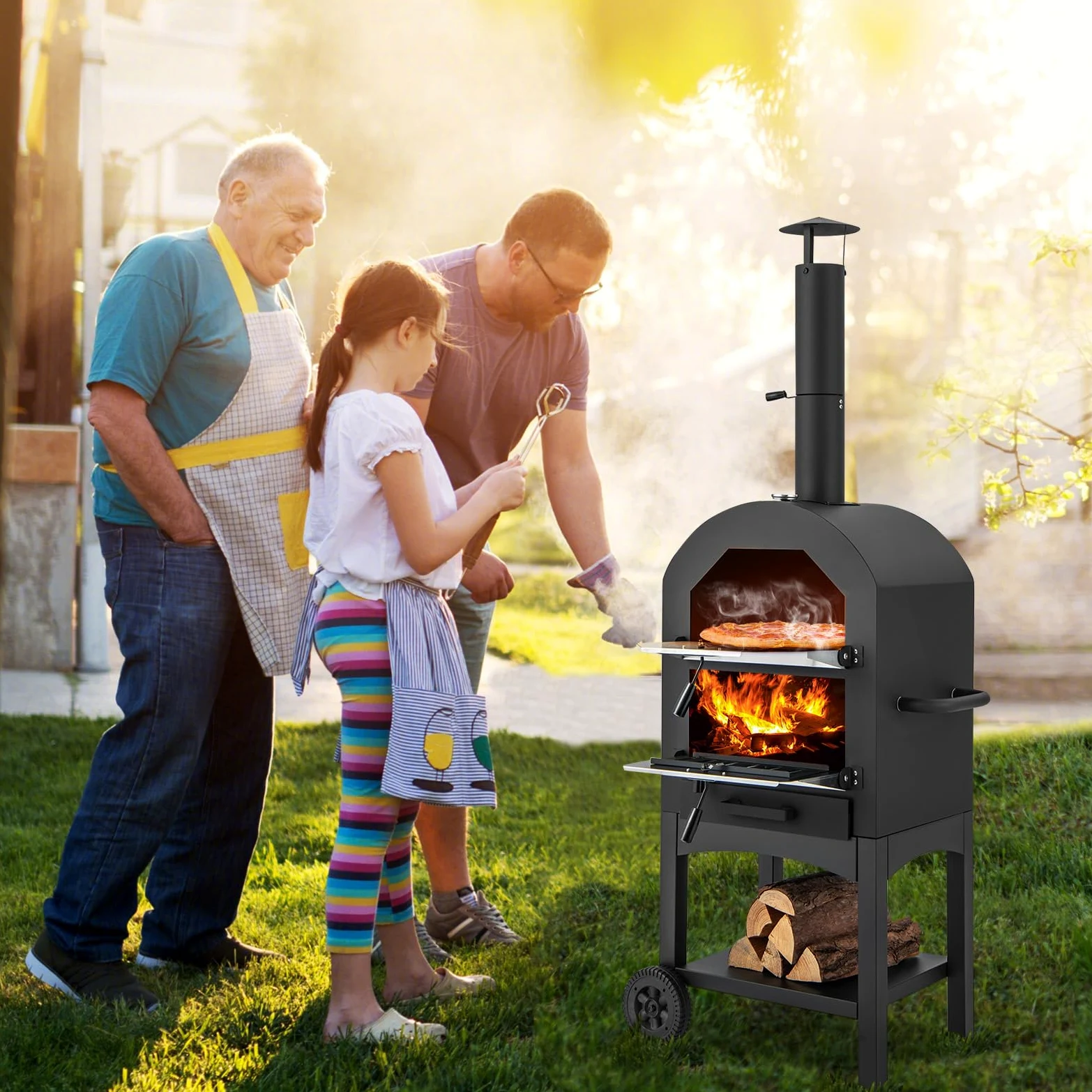 GYMAX Horno para Pizza de Exteriores con Piedra y Pala, Horno de Cocina con Termómetro y Función de Barbacoa, Estufa con Cubierta y 2 Ruedas para Picnic, Fiesta y Camping