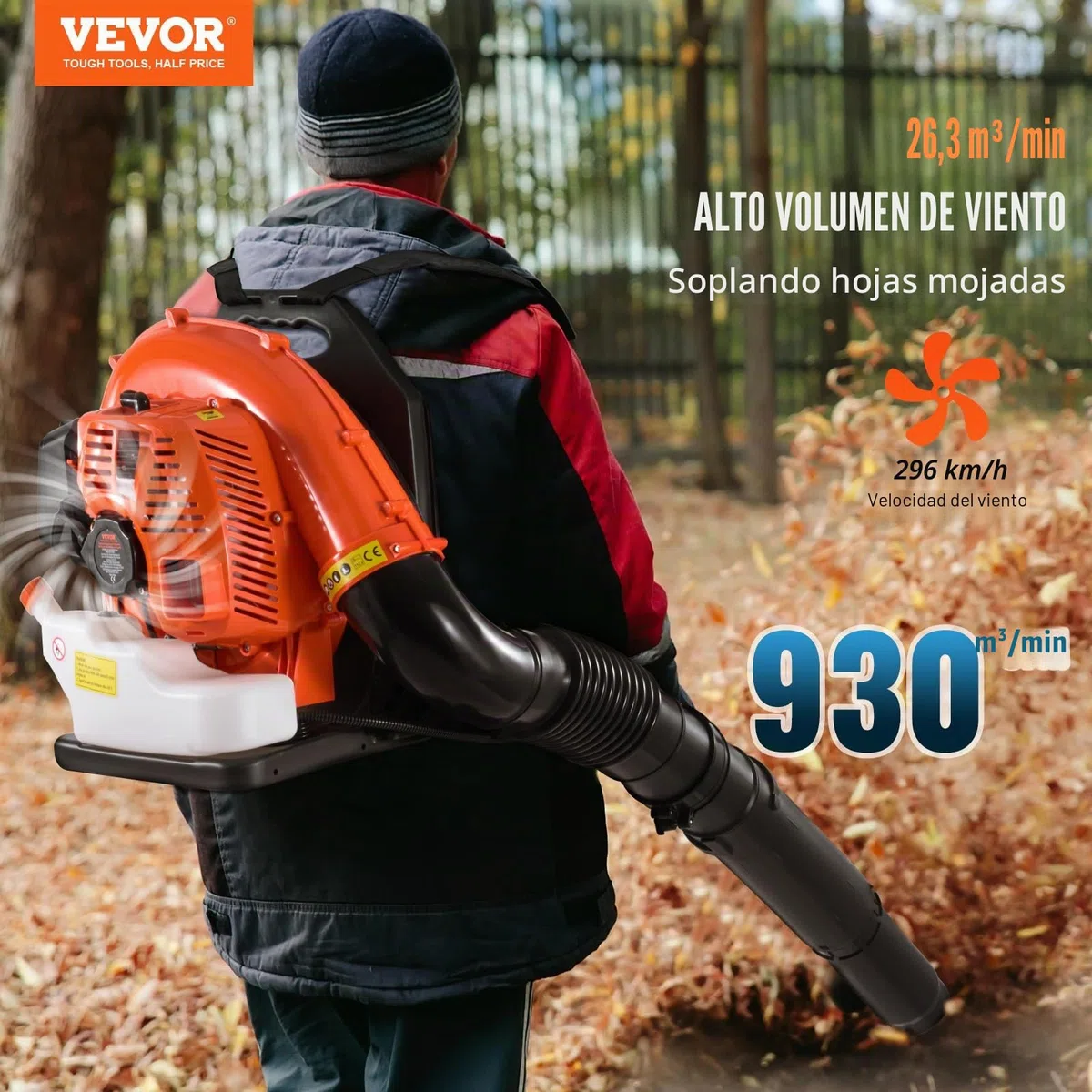 VEVOR Soplador de Hojas de Gas 79 CC Soplador de Nieve de Mochila 2 Tiempos con Tanque de Combustible 3 L Volumen de Aire de 930 CFM para Cuidado del Césped, Limpieza de Hojas, Eliminación de Nieve