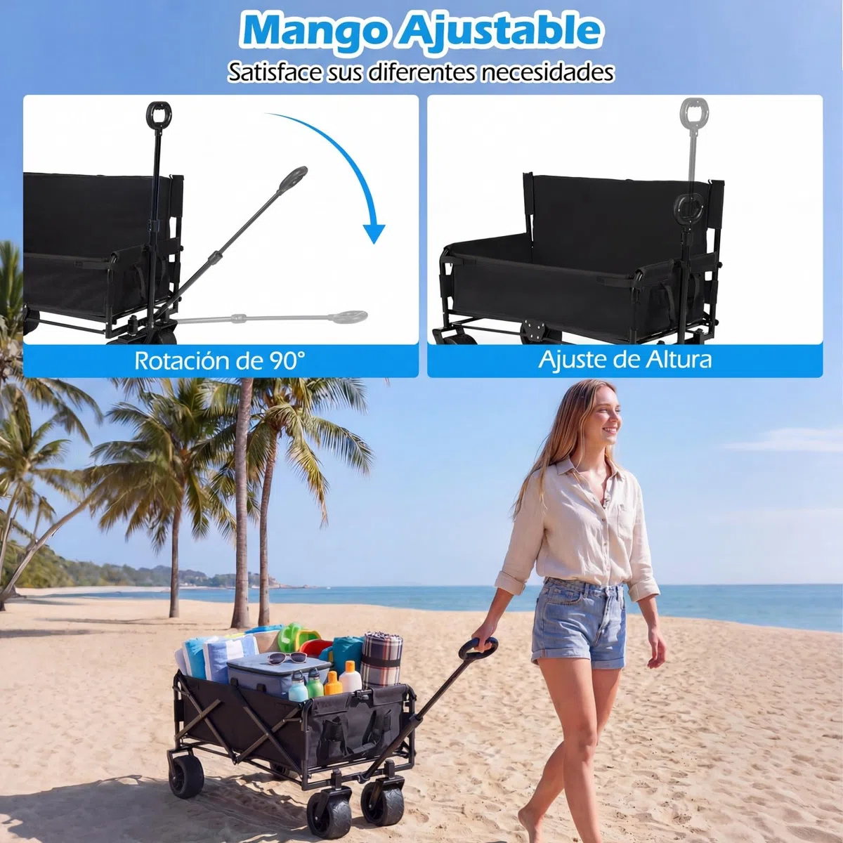 COSTWAY 2 en 1 Banco y Carro Plegable con Ruedas Grandes, Carro Playa, Jardín con Asa Ajustable, Cojines y Ruedas, para Transporte, Camping, Playa y Compras, Carga 80kg, 96x59x75-106 cm (Negro)