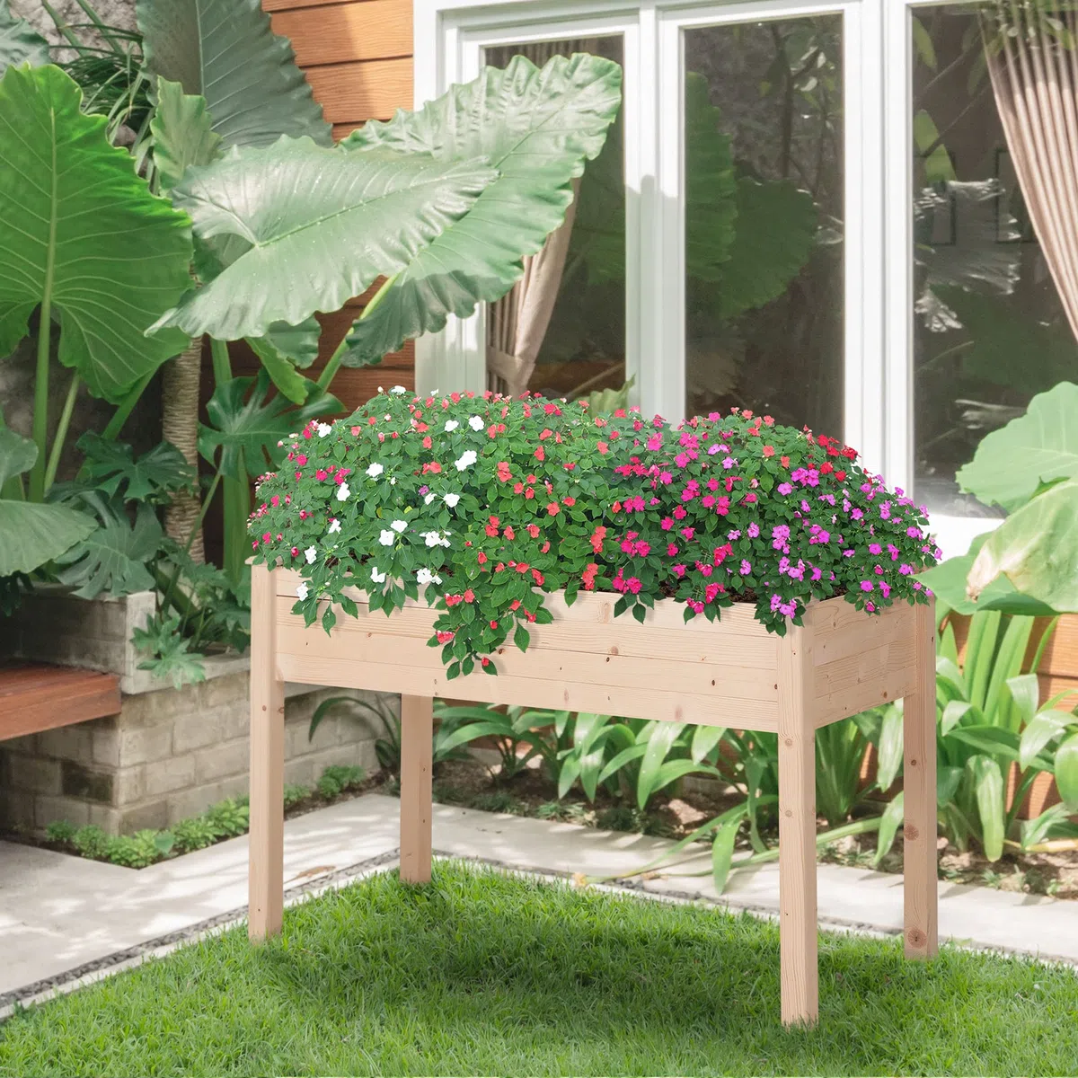 Outsunny Huerto Urbano Elevado de Madera, Mesa de Cultivo con Tela no Tejida y 4 Orificios de Drenaje, para Cultivo, Plantas, Flores y Verduras, 122,5x56,5x76 cm, Natural