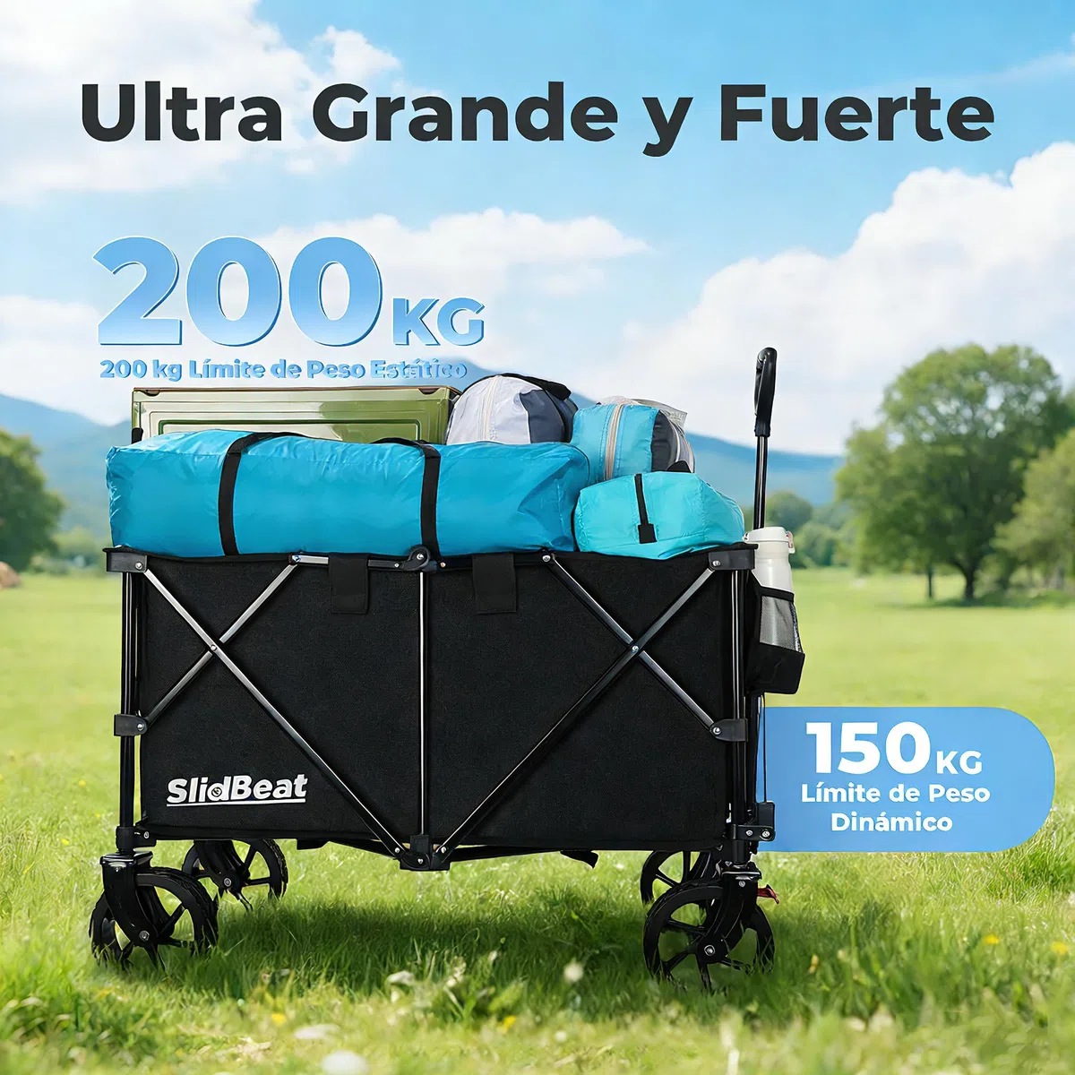 SLIDBEAT Carro de Playa XXL – 220L y 200KG de Capacidad, Carro Plegable con Ruedas Grandes Todo Terreno y Mango Auto-rebotante, Ideal para la Playa, Jardín o Camping, con Frenos de Seguridad