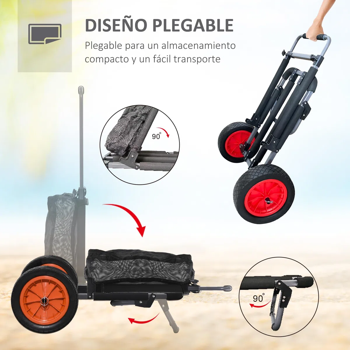SPORTNOW Carro Playa Plegable, Carro Transporte con Grandes Ruedas de 30 cm para Todo Terreno, con Bolsillo de Malla y Mango Telescópica de Aluminio, para Jardín, Campaña, Compra, Carga 150 kg, Gris