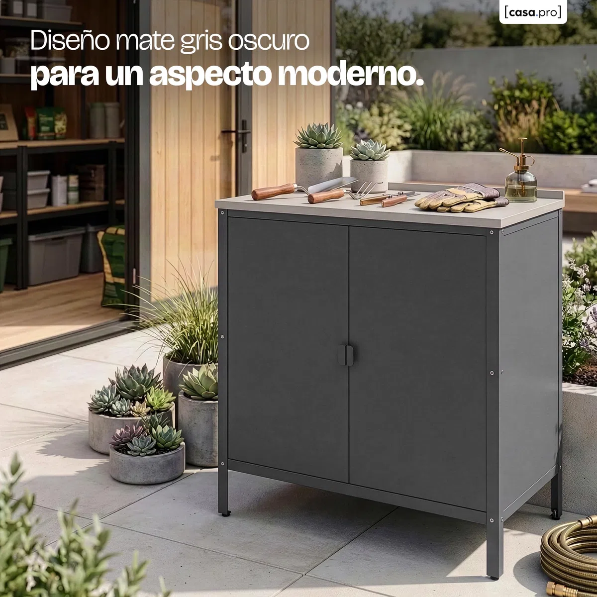 casa.pro Armario Exterior Bolognano con Patas Nivelables 1 Estante Interior para Terraza Jardín Uso Interior y Exterior Almacenaje en el Jardín 92 x 80 x 50 cm Acero - Gris Oscuro/Plateado
