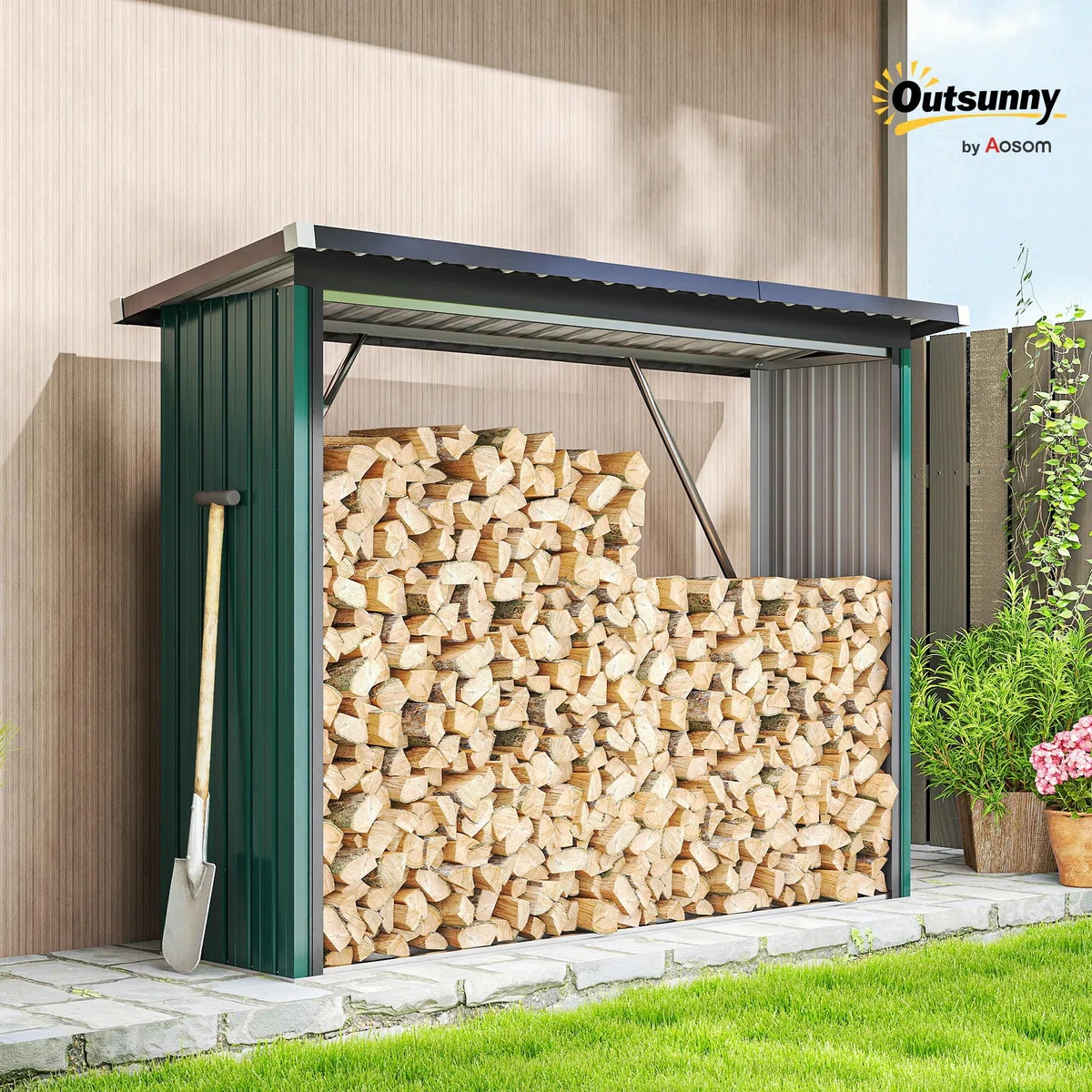 Outsunny Casetilla para Leña de Acero Galvanizado con Base Elevada y Techo Inclinado Cobertizo Leñero Exterior de Almacenamiento de Troncos 213x66,5x150 cm Verde