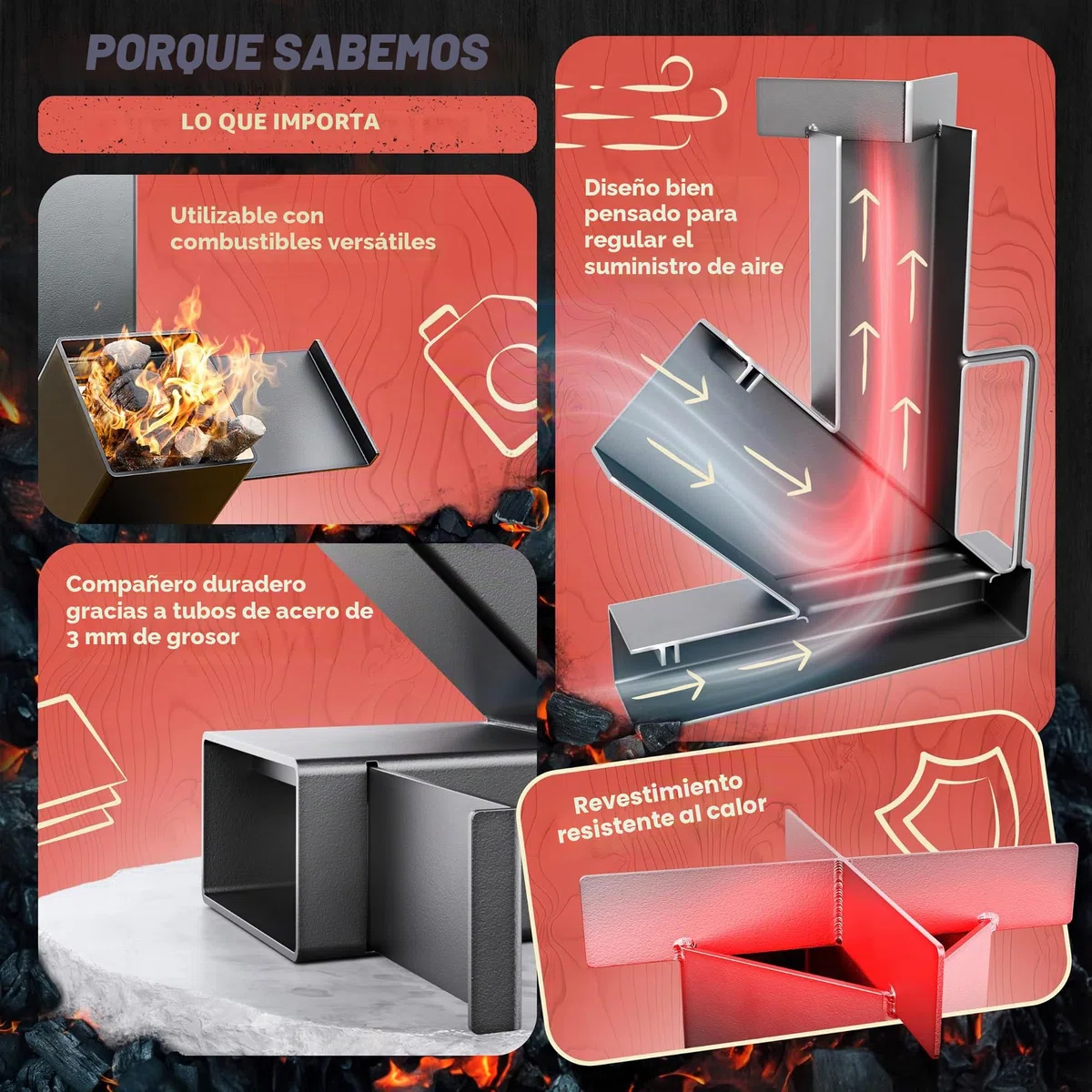 Horno de cohetes exterior para horno holandés, barbacoa, terraza, etc. Sin montaje. Estable y compacto. Rocket Stove como horno de camping para cocinar sin gas ni electricidad. Estufa de cañón