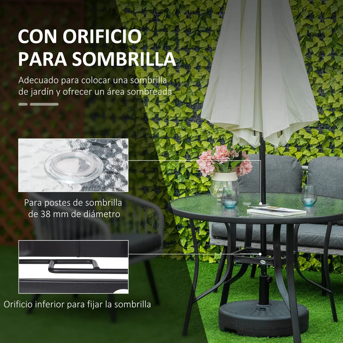 Outsunny Mesa de Cristal de Jardín con Agujero para Sombrilla Mesa para Comer Redonda con Marco de Acero para Exterior Terraza Balcón Ø106,5x71 cm Negro
