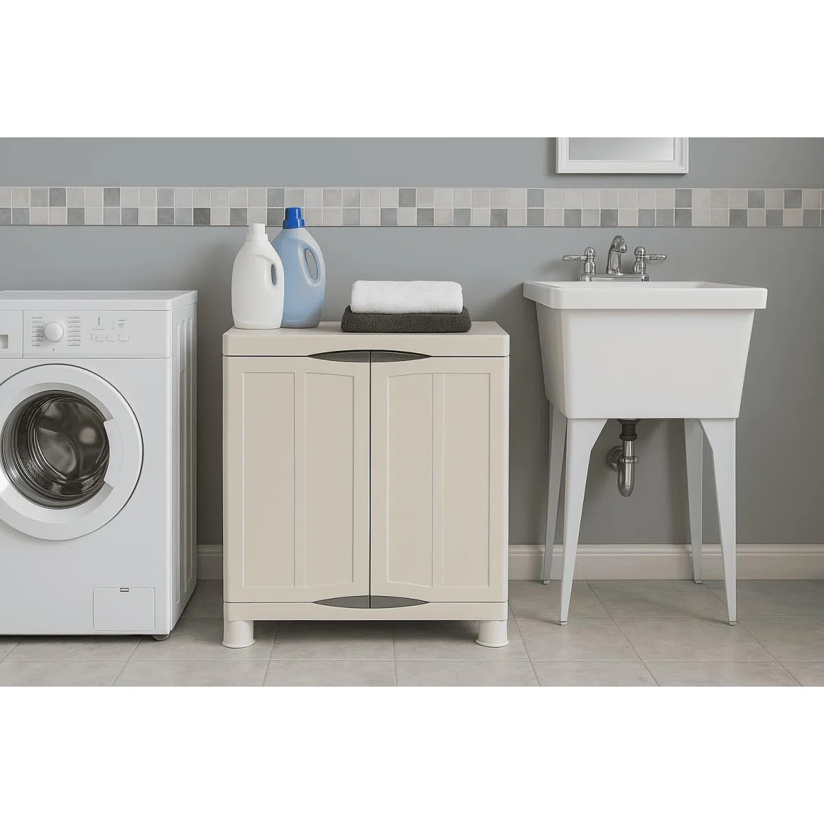 Intec – Armario bajo exterior interior beige 2 puertas 2 estantes 70 x 47 x 97 cm – pequeño mueble de almacenamiento carga 50 kg Max Garage Lavandería Terraza jardín
