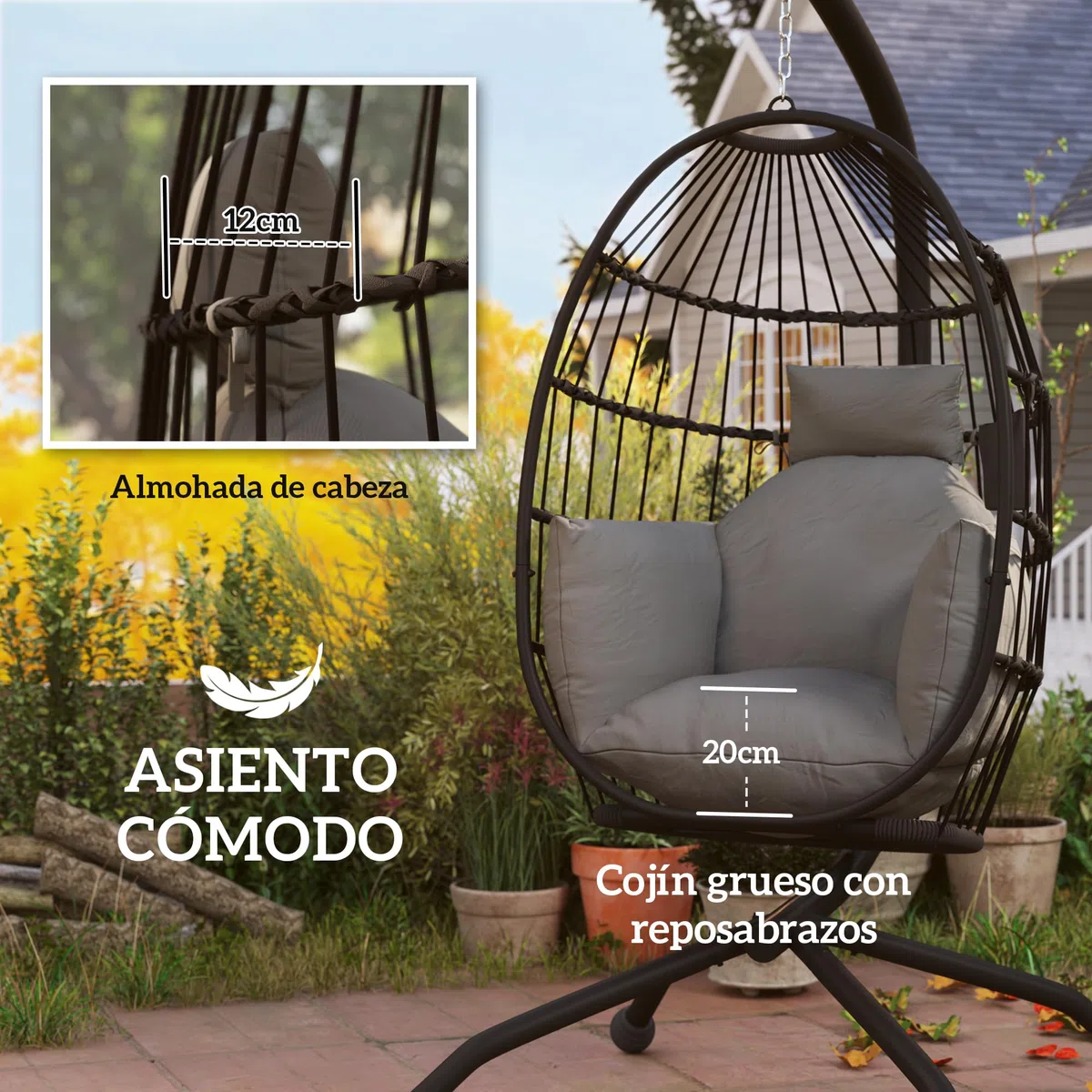 Outsunny Silla Colgante Huevo con Soporte Columpio Jardín Exterior con Cesta Plegable Cojín y Reposacabezas Portavaso Columpio Colgante para Interior y Exterior Carga 120 kg Negro