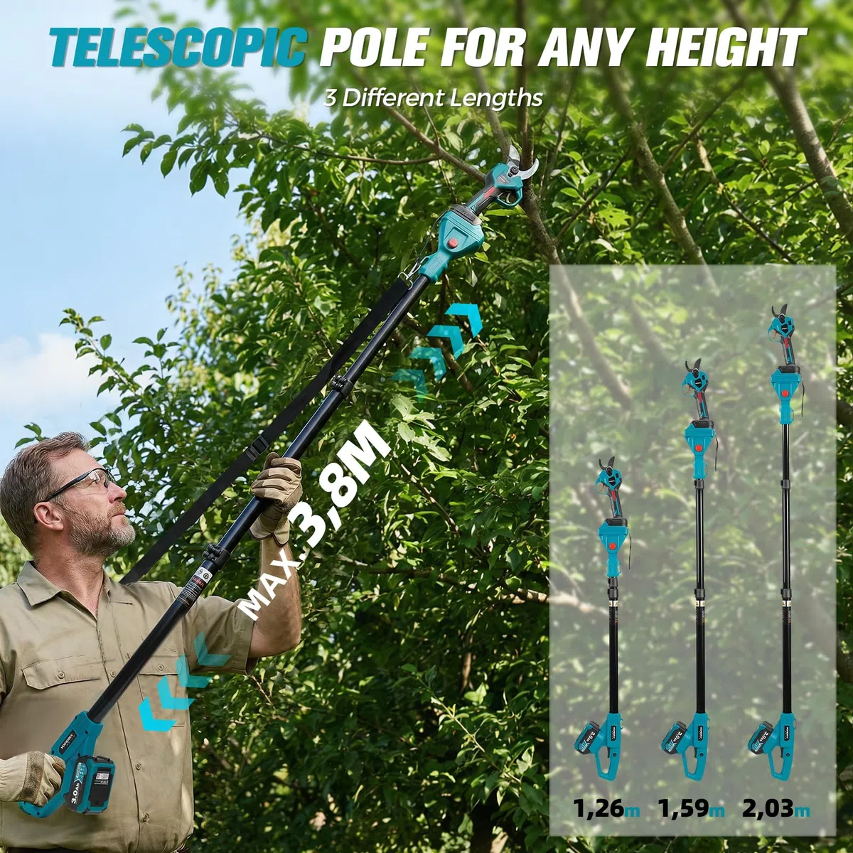 Yofidra Tijeras de podar telescópicas 2 en 1, motor sin escobillas, corte de 32 mm, tijeras de podar eléctricas con 2 baterías de 3,0 Ah, pantalla LCD, hoja SK5, mango telescópico de 1,2 – 2 m