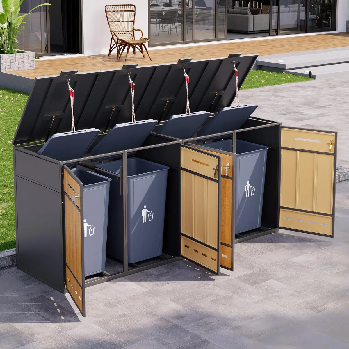 Caja para contenedores de basura, puede contener dos contenedores de basura (120-240 litros), con orificios de ventilación, compartimentos de almacenamiento de basura, con cerradura, dos puertas (1)